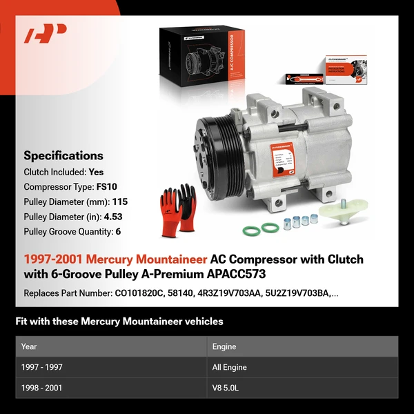 1997-2001 Mercury Mountaineer AC Compressor with Clutch with 6-Groove Pulley A-Premium APACC573