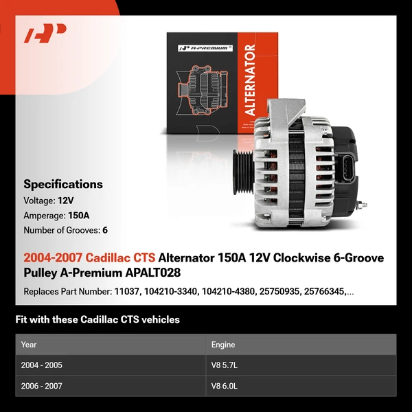 2004-2007 Cadillac CTS Alternator 150A 12V Clockwise 6-Groove Pulley A-Premium APALT028