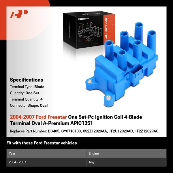 2004-2007 Ford Freestar One Set-Pc Ignition Coil 4-Blade Terminal Oval A-Premium APIC1351