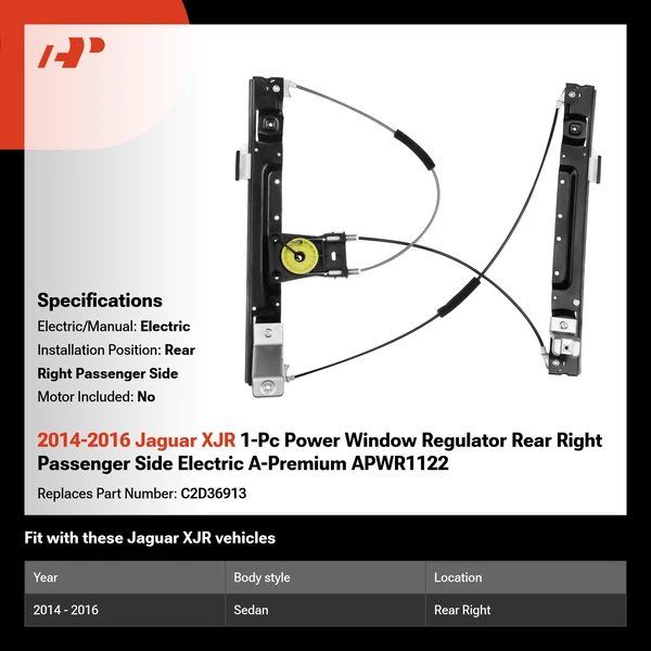 2014-2016 Jaguar XJR 1-Pc Power Window Regulator Rear Right Passenger Side Electric A-Premium APWR1122