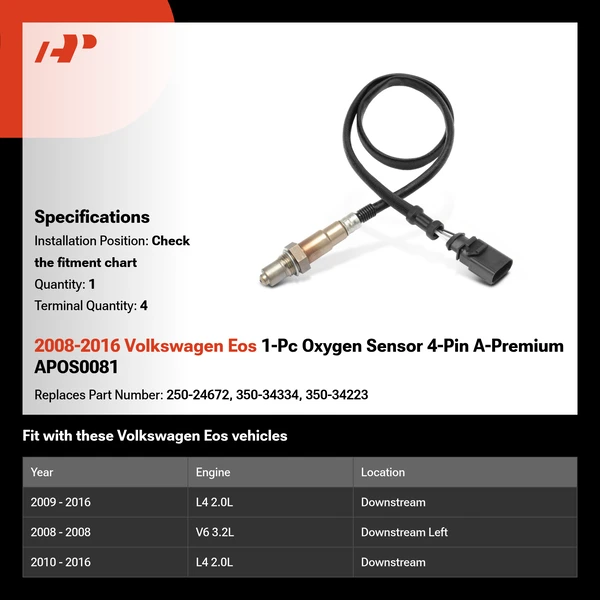 2008-2016 Volkswagen Eos 1-Pc Oxygen Sensor 4-Pin A-Premium APOS0081
