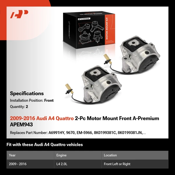 2009-2016 Audi A4 Quattro 2-Pc Motor Mount Front A-Premium APEM943