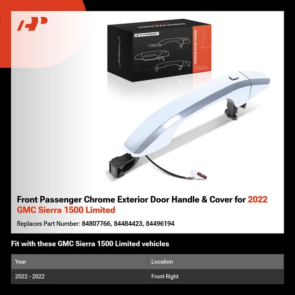 Front Passenger Chrome Exterior Door Handle & Cover for 2022 GMC Sierra 1500 Limited