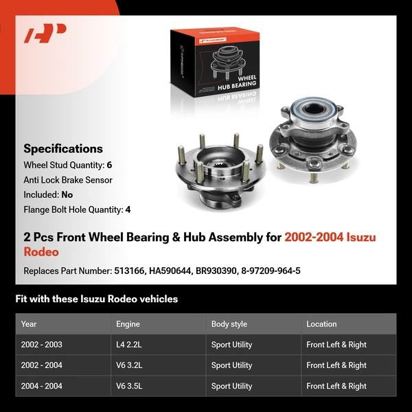 2 Pcs Front Wheel Bearing & Hub Assembly for 2002-2004 Isuzu Rodeo