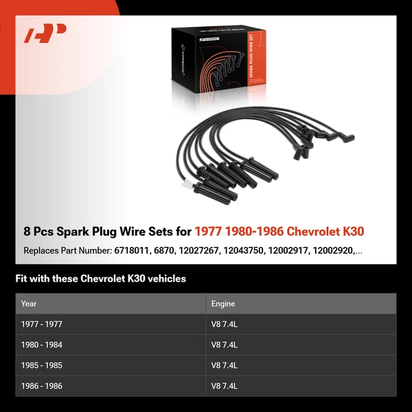 8 Pcs Spark Plug Wire Sets for 1977 1980-1986 Chevrolet K30