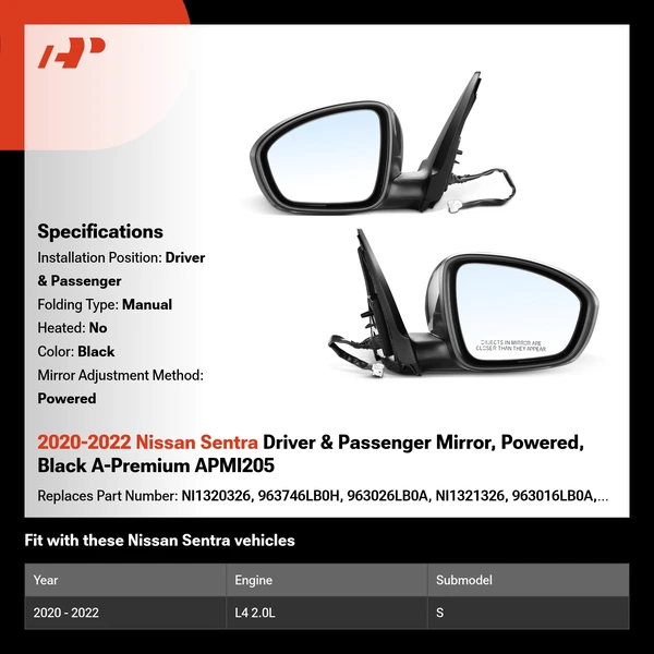 2020-2022 Nissan Sentra Driver & Passenger Mirror, Powered, Black A-Premium APMI205