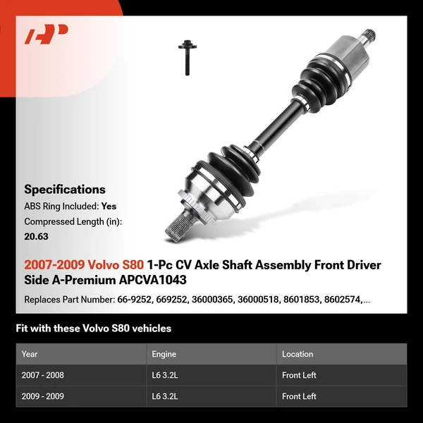 2007-2009 Volvo S80 1-Pc CV Axle Shaft Assembly Front Driver Side A-Premium APCVA1043