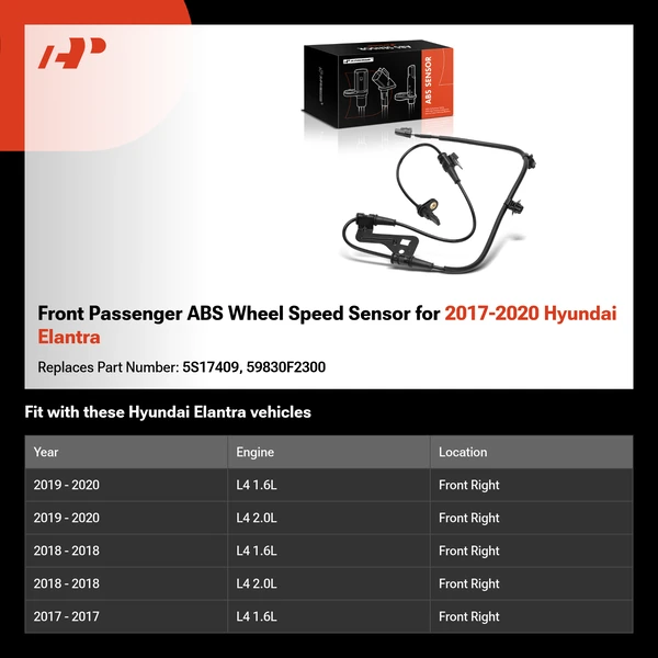 Front Passenger ABS Wheel Speed Sensor for 2017-2020 Hyundai Elantra