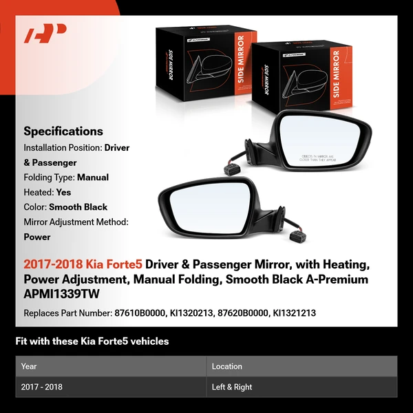 2017-2018 Kia Forte5 Driver & Passenger Mirror, with Heating, Power Adjustment, Manual Folding, Smooth Black A-Premium APMI1339TW