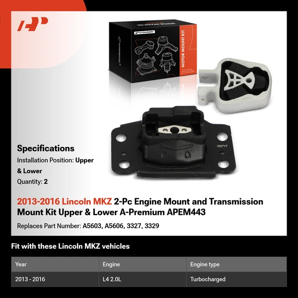 2013-2016 Lincoln MKZ 2-Pc Engine Mount and Transmission Mount Kit Upper & Lower A-Premium APEM443