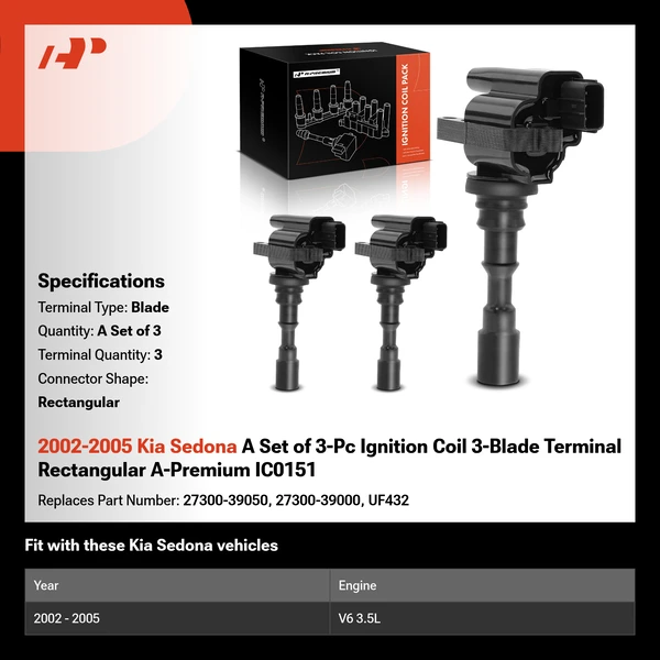 2002-2005 Kia Sedona A Set of 3-Pc Ignition Coil 3-Blade Terminal Rectangular A-Premium IC0151