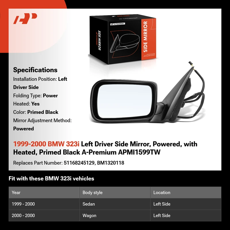 1999-2000 BMW 323i Left Driver Side Mirror, Powered, with Heated, Primed Black A-Premium APMI1599TW