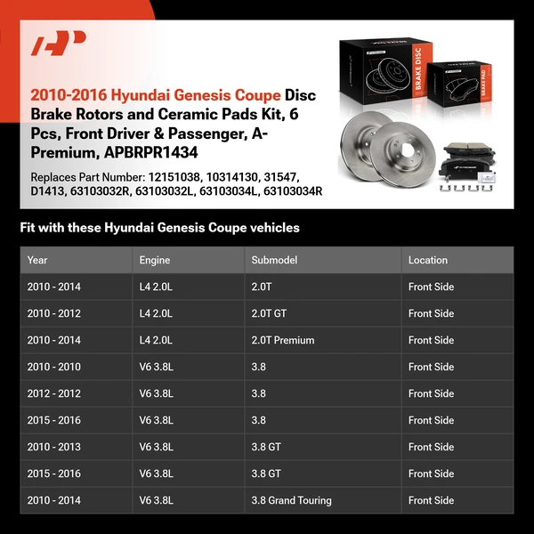 2010-2016 Hyundai Genesis Coupe Disc Brake Rotors and Ceramic Pads Kit, 6 Pcs, Front Driver & Passenger, A-Premium, APBRPR1434