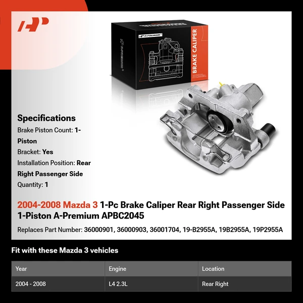 2004-2008 Mazda 3 1-Pc Brake Caliper Rear Right Passenger Side 1-Piston A-Premium APBC2045