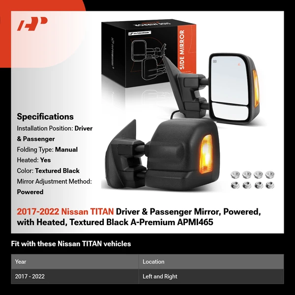 2017-2022 Nissan TITAN Driver & Passenger Mirror, Powered, with Heated, Textured Black A-Premium APMI465