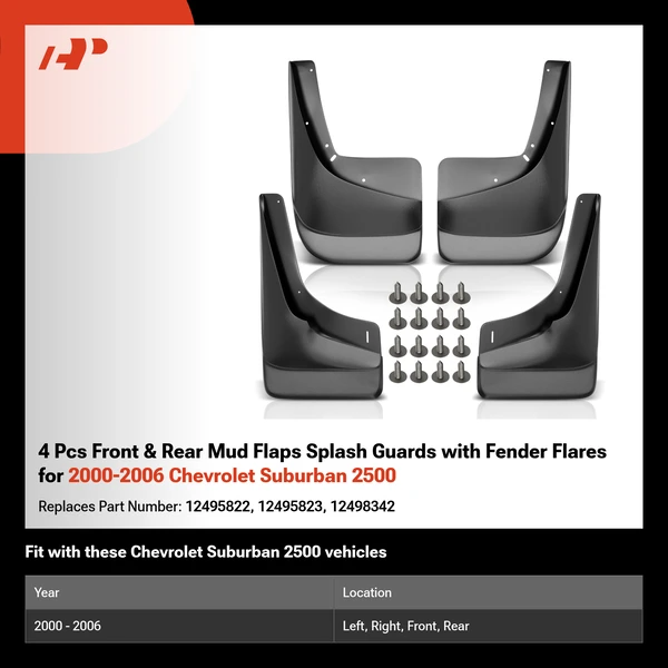 4 Pcs Front & Rear Mud Flaps Splash Guards with Fender Flares for 2000-2006 Chevrolet Suburban 2500