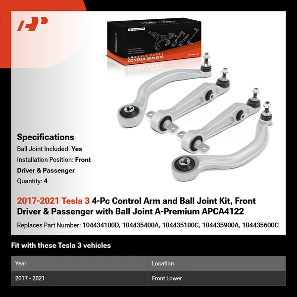 2017-2021 Tesla 3 4-Pc Control Arm and Ball Joint Kit, Front Driver & Passenger with Ball Joint A-Premium APCA4122