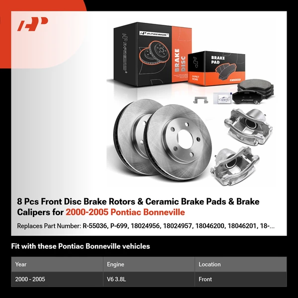 8 Pcs Front Disc Brake Rotors & Ceramic Brake Pads & Brake Calipers for 2000-2005 Pontiac Bonneville