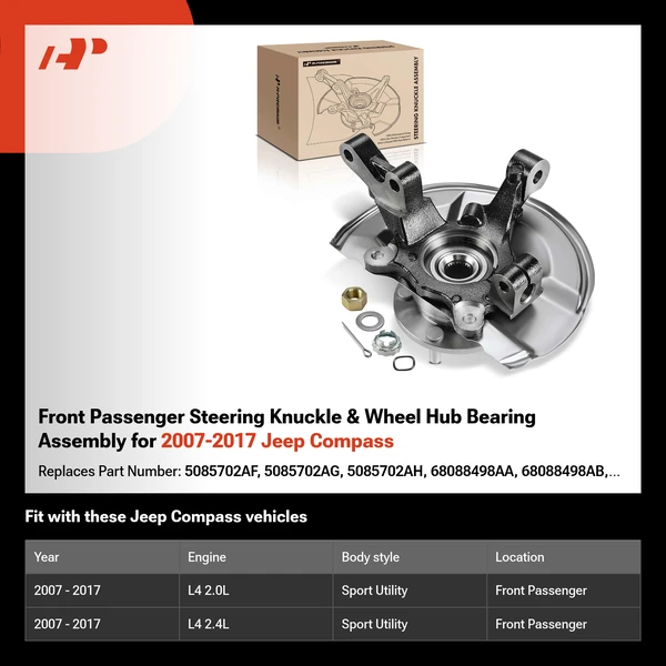 Front Passenger Steering Knuckle & Wheel Hub Bearing Assembly for 2007-2017 Jeep Compass