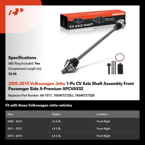 2005-2015 Volkswagen Jetta 1-Pc CV Axle Shaft Assembly Front Passenger Side A-Premium APCVA932