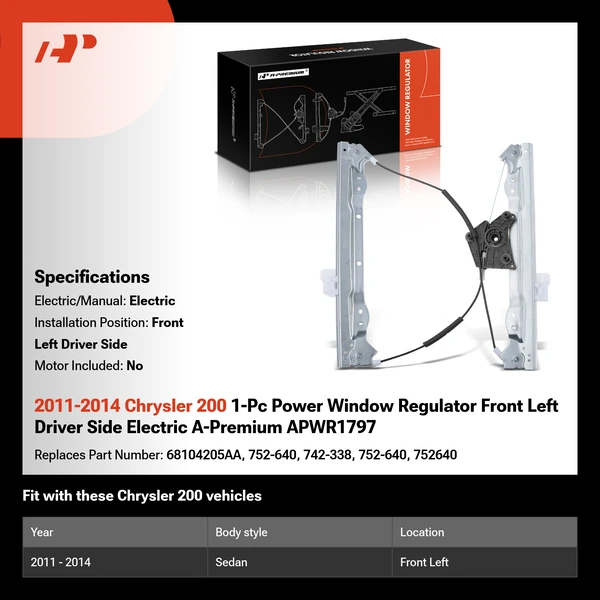 2011-2014 Chrysler 200 1-Pc Power Window Regulator Front Left Driver Side Electric A-Premium APWR1797