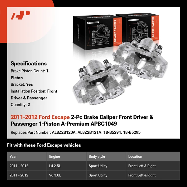 2011-2012 Ford Escape 2-Pc Brake Caliper Front Driver & Passenger 1-Piston A-Premium APBC1049