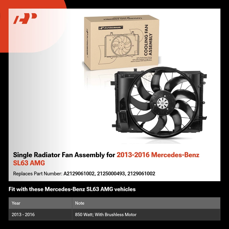 Single Radiator Fan Assembly for 2013-2016 Mercedes-Benz SL63 AMG