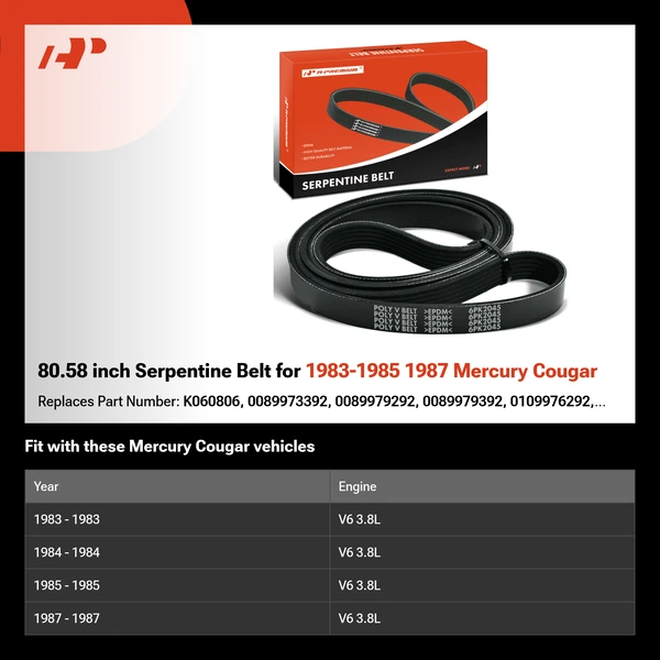 80.58 inch Serpentine Belt for 1983-1985 1987 Mercury Cougar