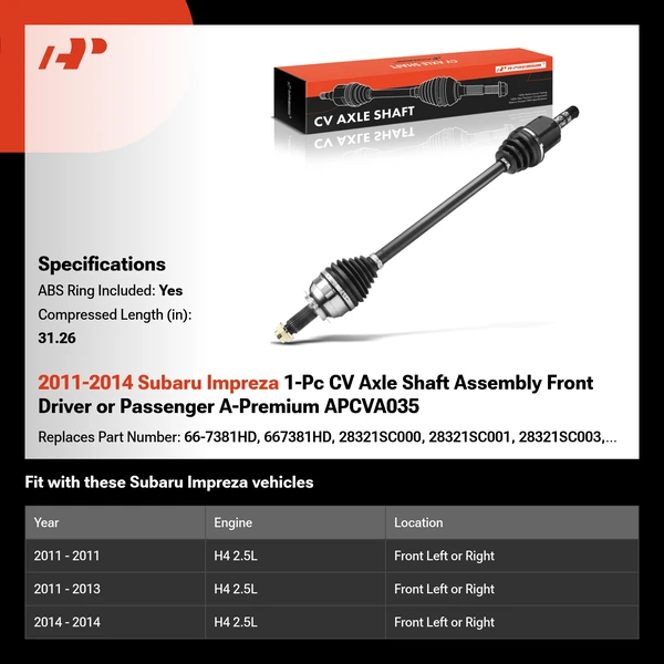 2011-2014 Subaru Impreza 1-Pc CV Axle Shaft Assembly Front Driver or Passenger A-Premium APCVA035