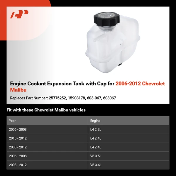Engine Coolant Expansion Tank with Cap for 2006-2012 Chevrolet Malibu