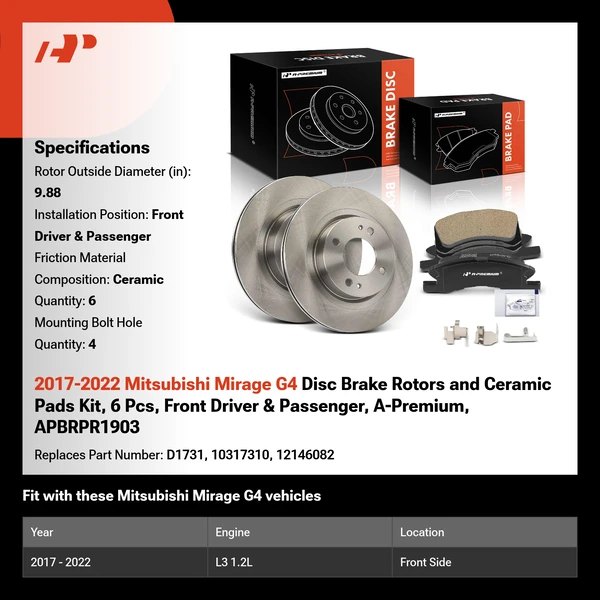 2017-2022 Mitsubishi Mirage G4 Disc Brake Rotors and Ceramic Pads Kit, 6 Pcs, Front Driver & Passenger, A-Premium, APBRPR1903
