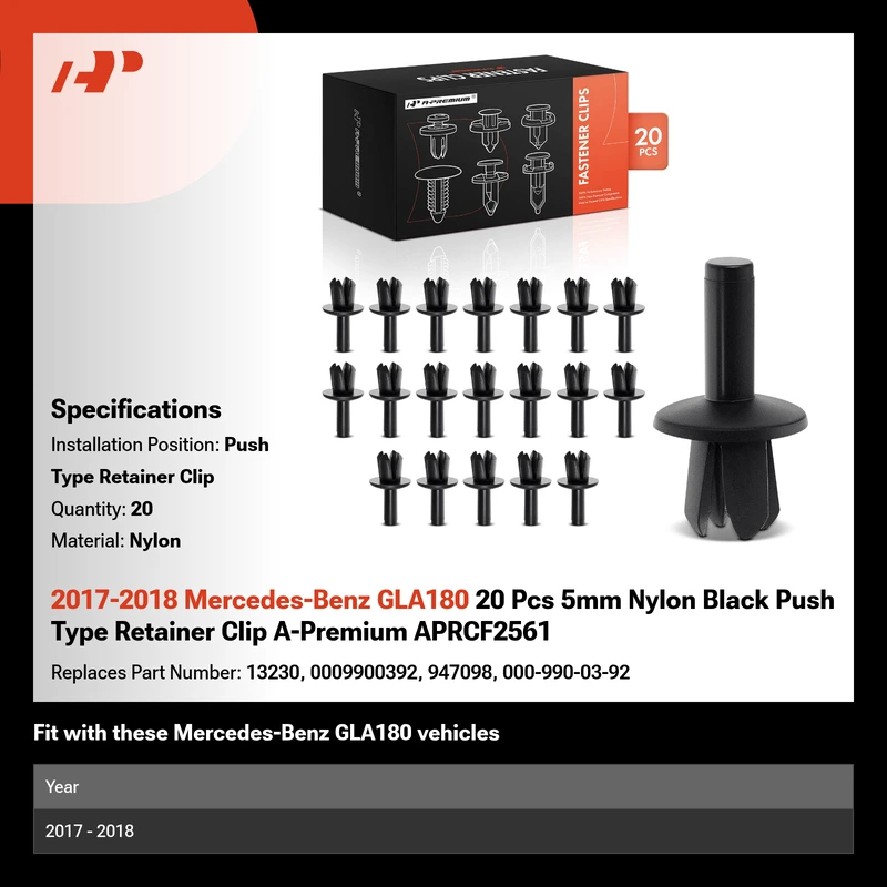 2017-2018 Mercedes-Benz GLA180 20 Pcs 5mm Nylon Black Push Type Retainer Clip A-Premium APRCF2561