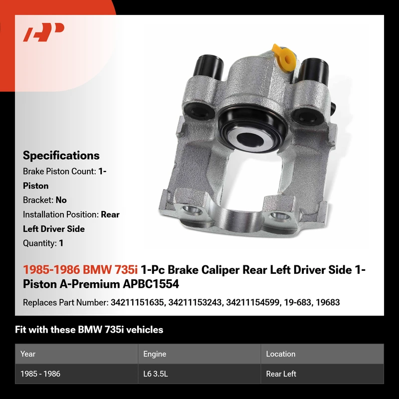 1985-1986 BMW 735i 1-Pc Brake Caliper Rear Left Driver Side 1-Piston A-Premium APBC1554