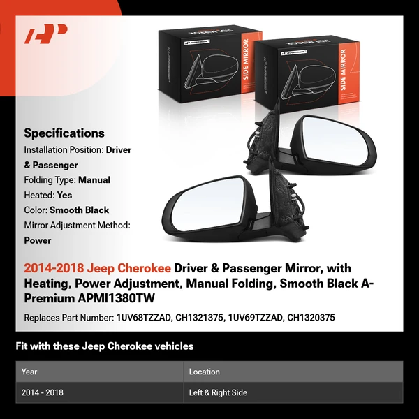 2014-2018 Jeep Cherokee Driver & Passenger Mirror, with Heating, Power Adjustment, Manual Folding, Smooth Black A-Premium APMI1380TW