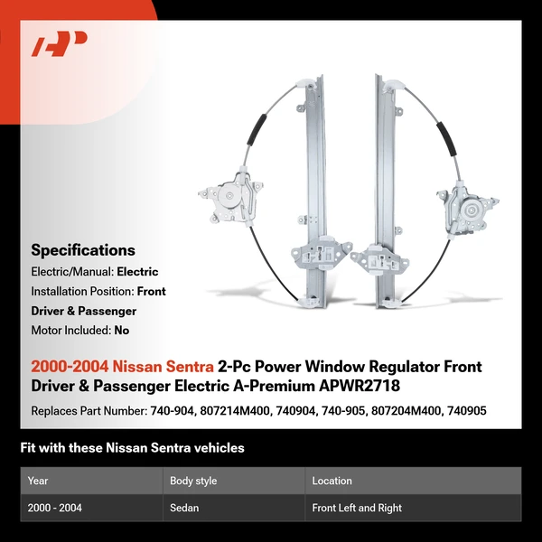 2000-2004 Nissan Sentra 2-Pc Power Window Regulator Front Driver & Passenger Electric A-Premium APWR2718
