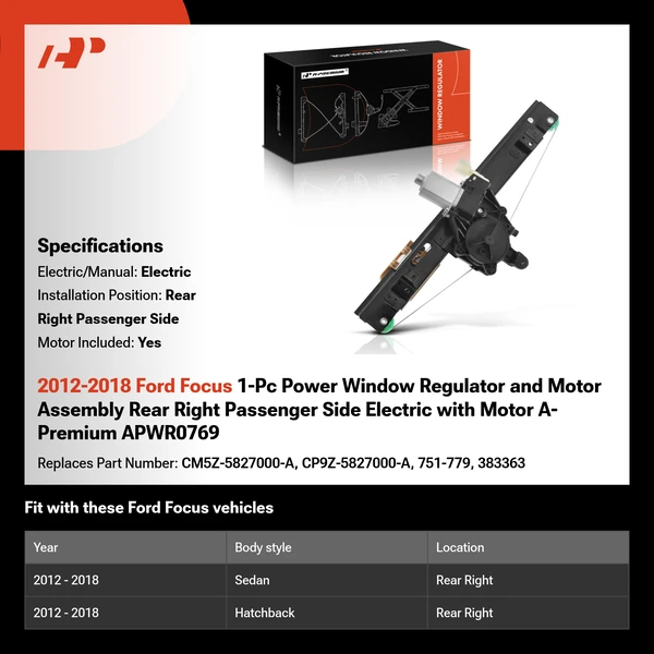 2012-2018 Ford Focus 1-Pc Power Window Regulator and Motor Assembly Rear Right Passenger Side Electric with Motor A-Premium APWR0769