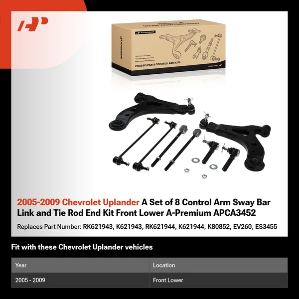 2005-2009 Chevrolet Uplander A Set of 8 Control Arm Sway Bar Link and Tie Rod End Kit Front Lower A-Premium APCA3452
