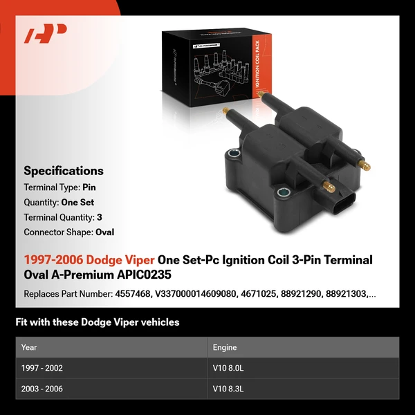1997-2006 Dodge Viper One Set-Pc Ignition Coil 3-Pin Terminal Oval A-Premium APIC0235