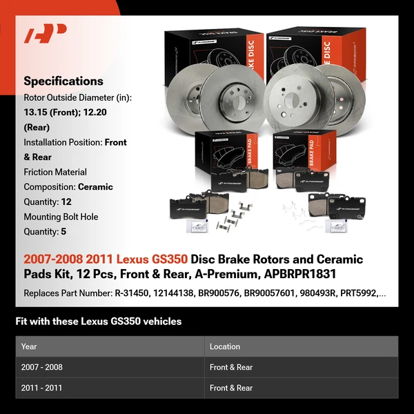 2007-2008 2011 Lexus GS350 Disc Brake Rotors and Ceramic Pads Kit, 12 Pcs, Front & Rear, A-Premium, APBRPR1831
