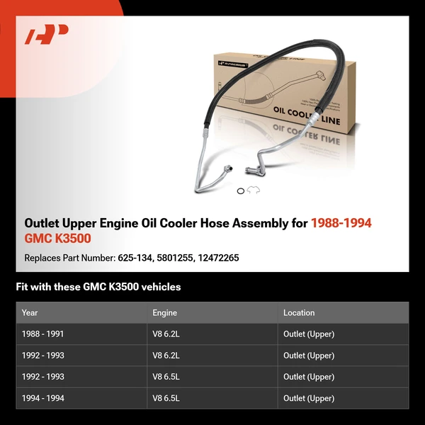 Outlet Upper Engine Oil Cooler Hose Assembly for 1988-1994 GMC K3500