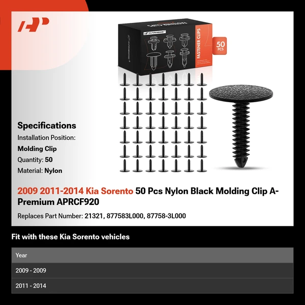 2009 2011-2014 Kia Sorento 50 Pcs Nylon Black Molding Clip A-Premium APRCF920