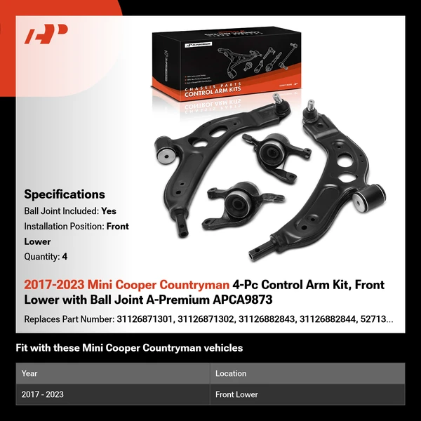 2017-2023 Mini Cooper Countryman 4-Pc Control Arm Kit, Front Lower with Ball Joint A-Premium APCA9873