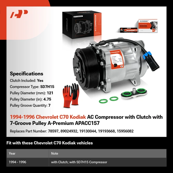 1994-1996 Chevrolet C70 Kodiak AC Compressor with Clutch with 7-Groove Pulley A-Premium APACC157
