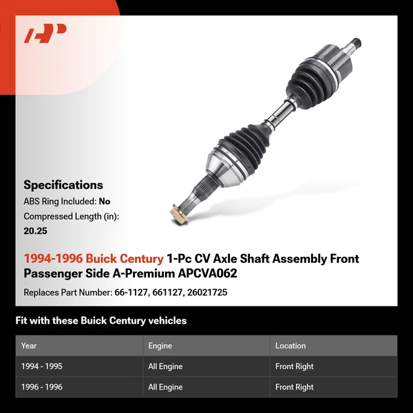 1994-1996 Buick Century 1-Pc CV Axle Shaft Assembly Front Passenger Side A-Premium APCVA062