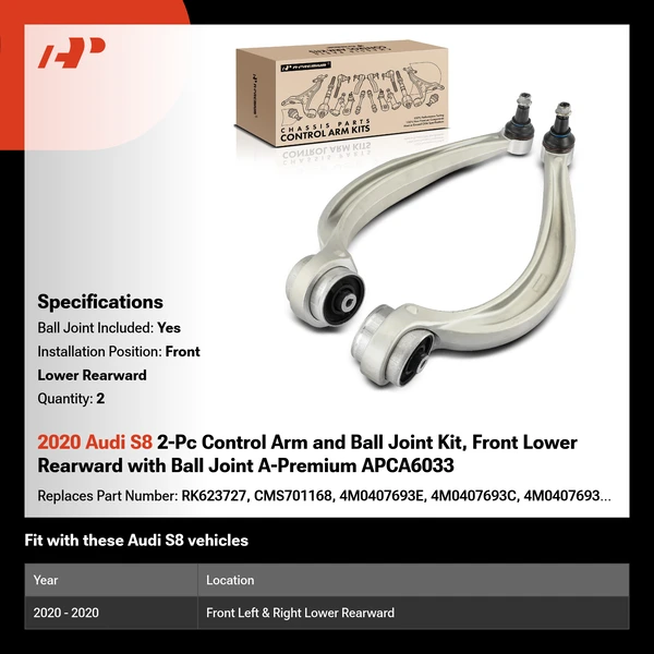 2020 Audi S8 2-Pc Control Arm and Ball Joint Kit, Front Lower Rearward with Ball Joint A-Premium APCA6033