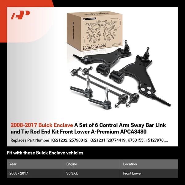 2008-2017 Buick Enclave A Set of 6 Control Arm Sway Bar Link and Tie Rod End Kit Front Lower A-Premium APCA3480