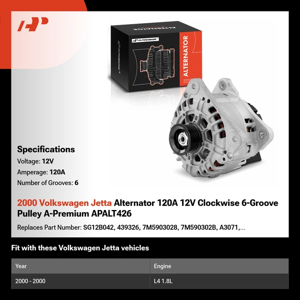 2000 Volkswagen Jetta Alternator 120A 12V Clockwise 6-Groove Pulley A-Premium APALT426