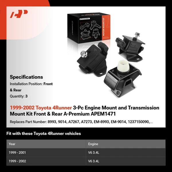 1999-2002 Toyota 4Runner 3-Pc Engine Mount and Transmission Mount Kit Front & Rear A-Premium APEM1471
