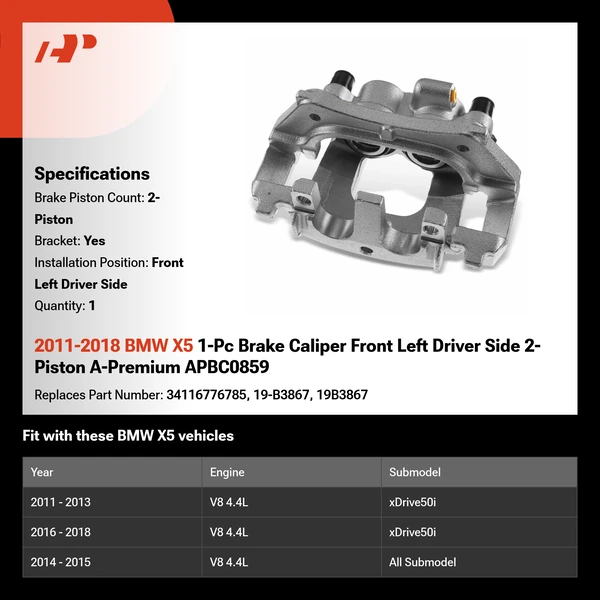2011-2018 BMW X5 1-Pc Brake Caliper Front Left Driver Side 2-Piston A-Premium APBC0859