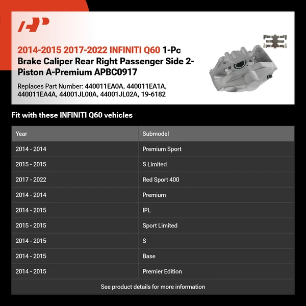 2014-2015 2017-2022 INFINITI Q60 1-Pc Brake Caliper Rear Right Passenger Side 2-Piston A-Premium APBC0917